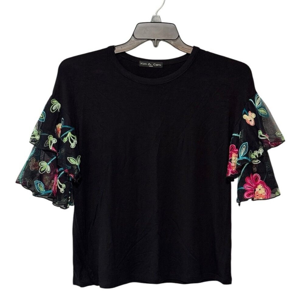 Kim & Cami Black Boho Embroidered Colorful Floral Flutter 1/2 Sleeve‎ Top